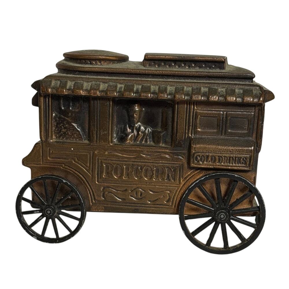 Vintage 1974 Banthrico Popcorn Wagon Coin Bank Cast Metal Carnival Cart